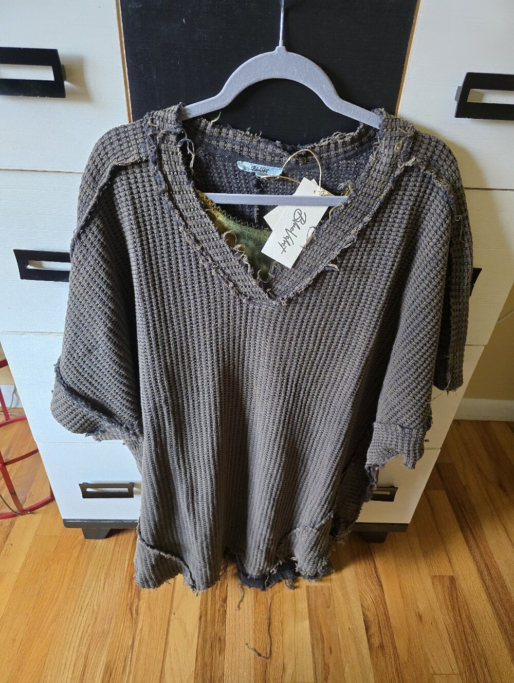 Blue Velvet Boho Waffle Knit Oversized Distressed V-Neck Tunic Top - Olive